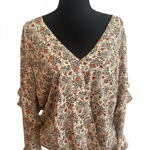 Max Studio Floral V-Neck Blouse in Cream and Brown